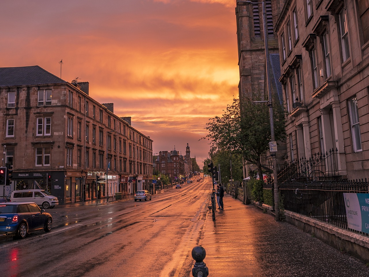 city, outdoors, sunset